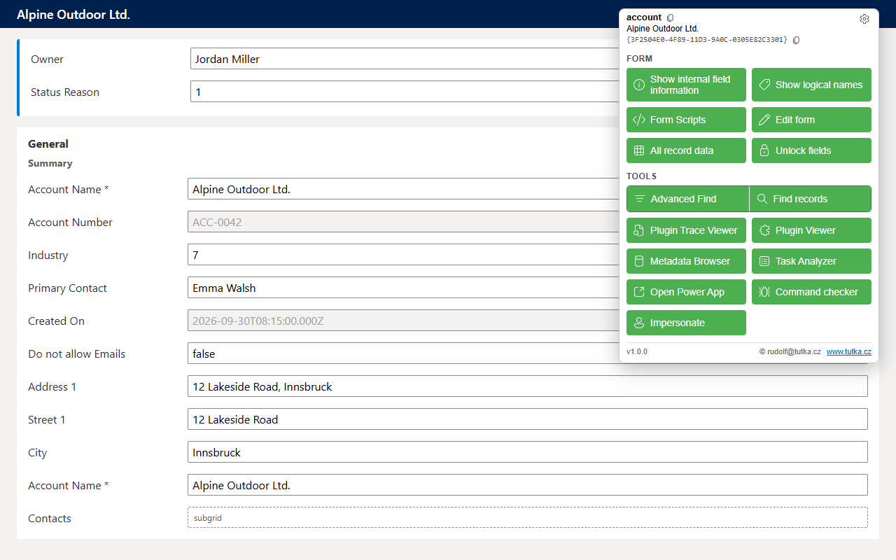 RTU Dev Tools — nabídka nástrojů nad formulářem Dynamics 365